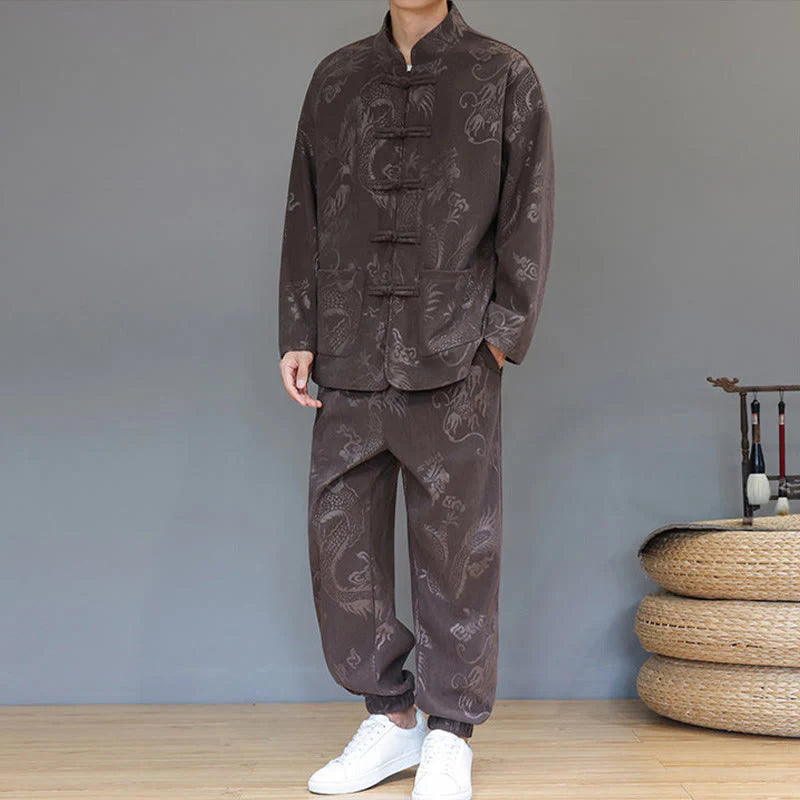 Buddha Stones 2Pcs Fall Winter Men's Tang Suit Dragon Frog-Button Cotton Corduroy Long Sleeve Jacket Pants Set With Pockets