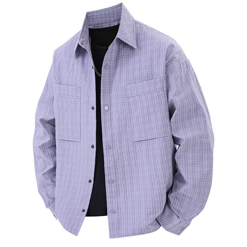 Buddha Stones Spring Solid Color Textured Long Sleeve Button Men's Lapel Shirts With Pocket
