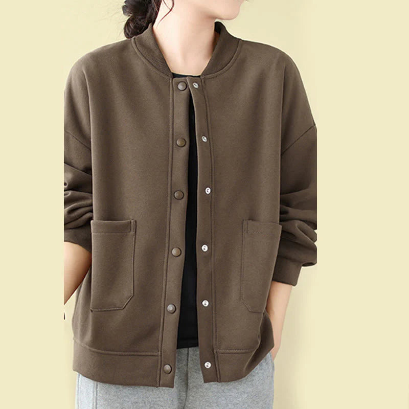 Buddha Stones Plain Women's Buttons Crew Neck Long Sleeve Cotton Jacket With Pockets
