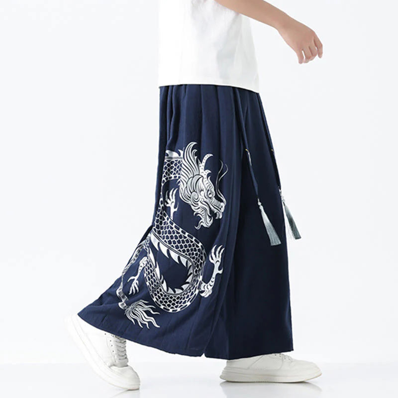Buddha Stones Summer Dragon Drawstring Design Cotton Ankle-Length Men's Wide Leg Pants With Pockets