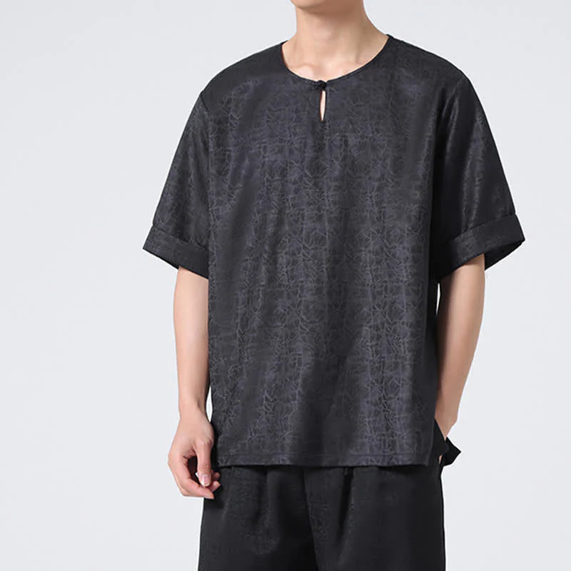 Buddha Stones Summer Retro Crackle Auspicious Cloud Pattern Short Sleeve Men's T-shirt