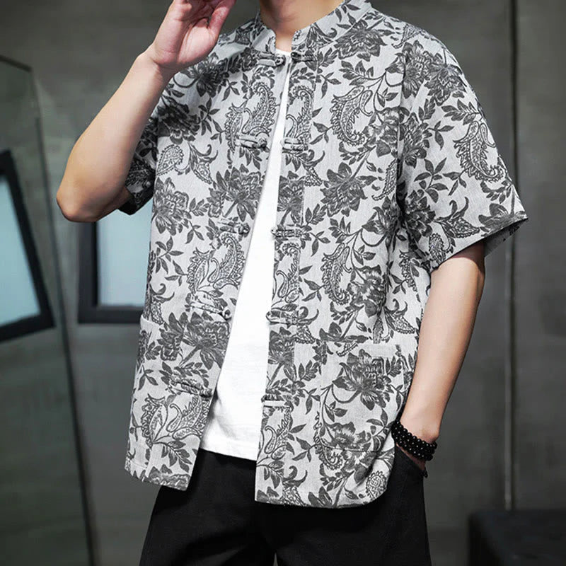 Buddha Stones Casual Jacquard Paisley Flower Plant Pattern Frog-Button Design Men's Cotton Shirt Cardigan With Pockets