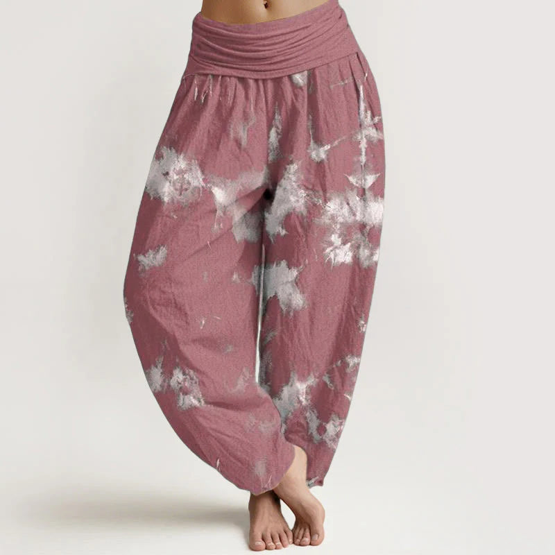 Buddha Stones Pure Cotton White Lines Spots Tie-Dye Pattern Women's Elastic Waist Harem Pants