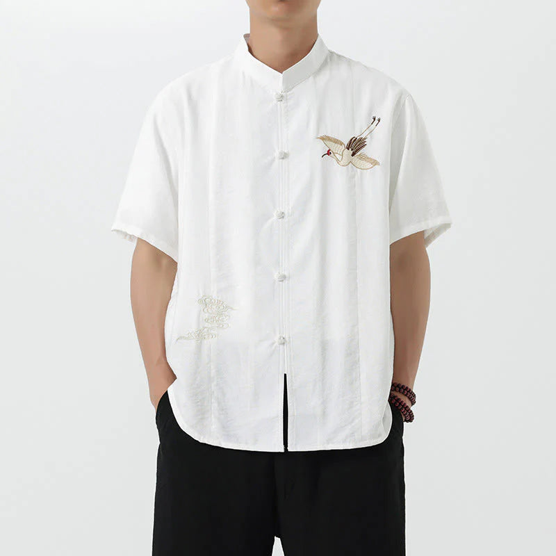 Buddha Stones Embroidery Buttons Half Sleeve Design Stand Collar Men's Cotton Shirt
