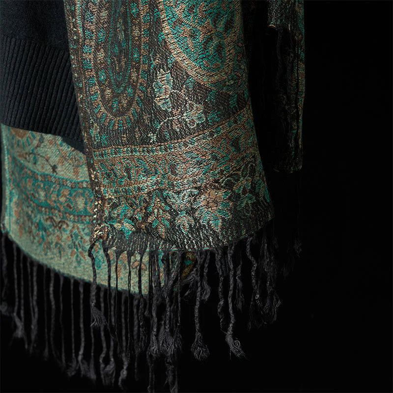 Buddha Stones Spring Green Cashew Flower Geometric Stripes Pattern Tassel Cozy Scarf Shawl