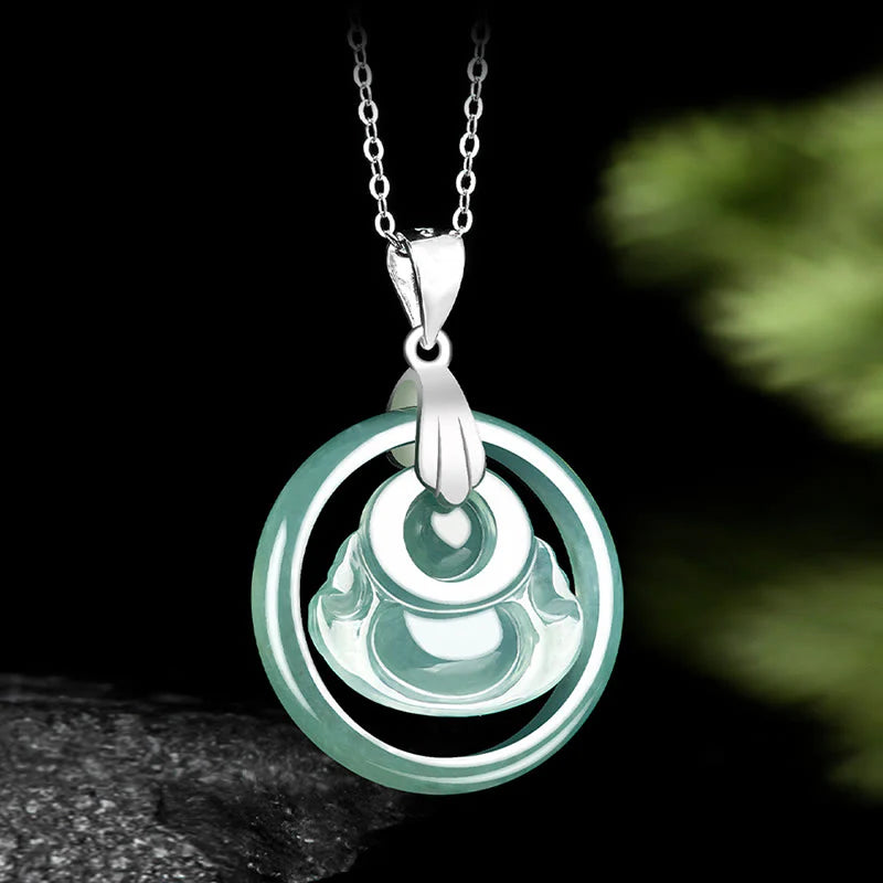 Buddha Stones Natural Jade Round Laughing Buddha Abundance Titanium Steel Chain Necklace Pendant