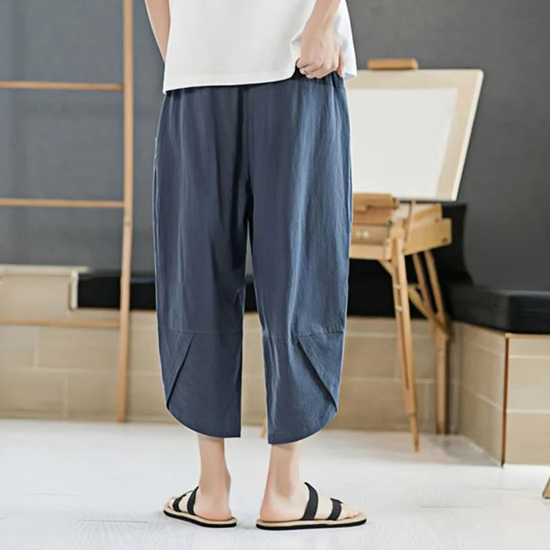 Buddha Stones Summer Men's Solid Color 7-8 Length Cotton Linen Drawstring Pants With Pockets