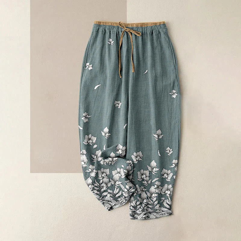 Buddha Stones Pure Cotton Flower Petal Pattern Women's Elastic Waist Pants With Pockets
