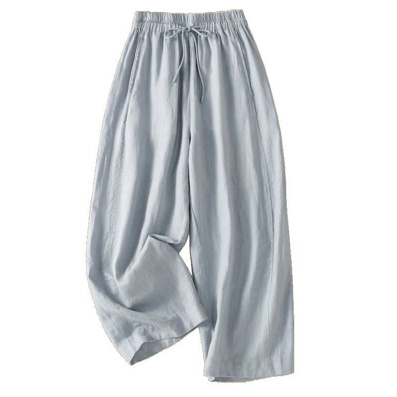 Buddha Stones Commute Plain Design Drawstring Cotton Linen Women's Wide Leg Pants With Pockets