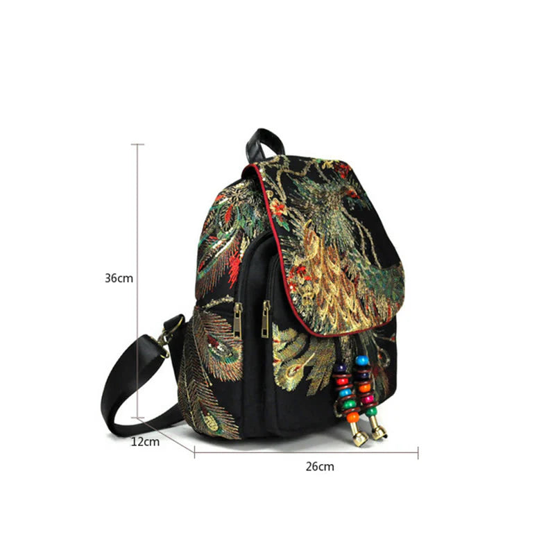 Buddha Stones Peacock Embroidery Canvas Tassel Backpack