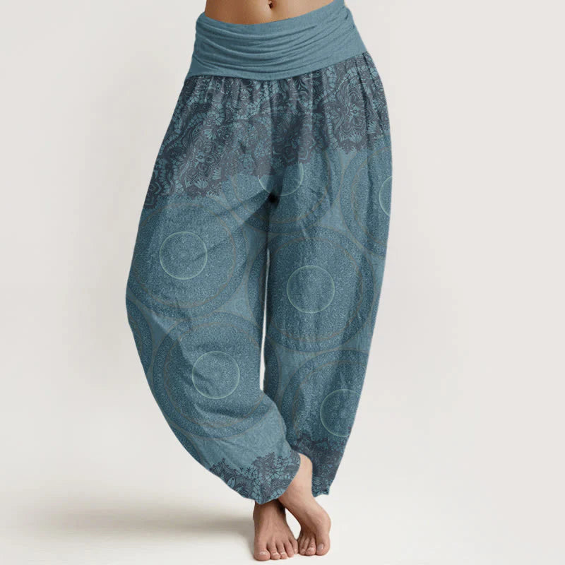Buddha Stones Cotton Casual Flowers Compass Design Women's Elastic Waist Harem Pants