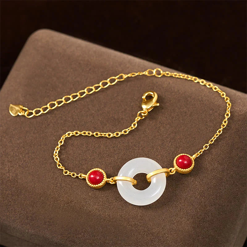 Buddha Stones Peace Buckle Hetian White Jade Copper Plated Gold Protection Bracelet