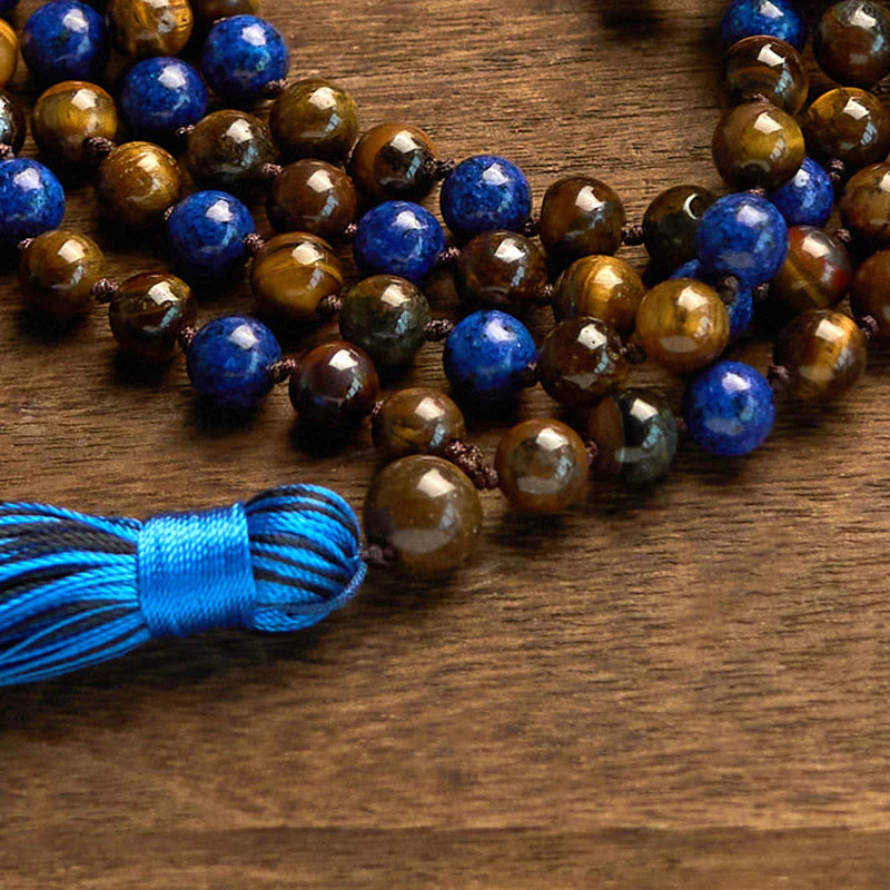 Buddha Stones 108 Beads Natural Stone Tiger Eye Lazurite Lapis Lazuli Mala Tassel Protection Bracelet