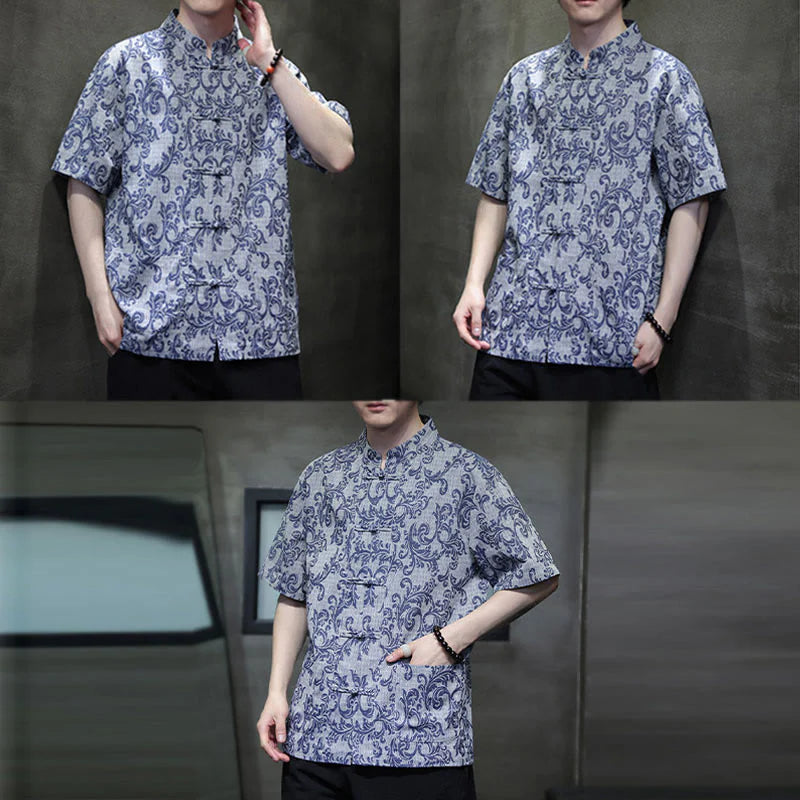 Buddha Stones Summer Floral Vine Pattern Tang Suit Men's Frog-Button Short Sleeve Shirt With Pockets