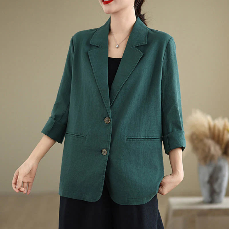 Buddha Stones Spring Solid Color Long Sleeve Cotton Linen Women's Jacket With Pockets