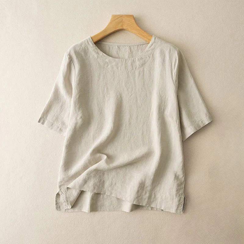 Buddha Stones Simple Plain Short Sleeve Crew Neck Side Slit Cotton Women's T-Shirt