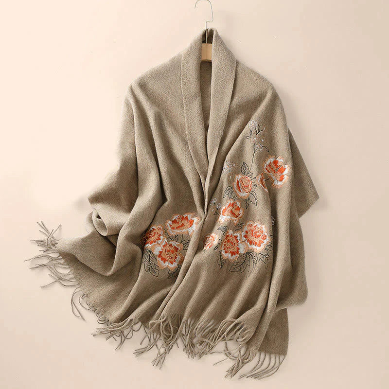 Buddha Stones Wool Shawl Red Peony Embroidery Tassel Winter Cozy Travel Scarf Wrap
