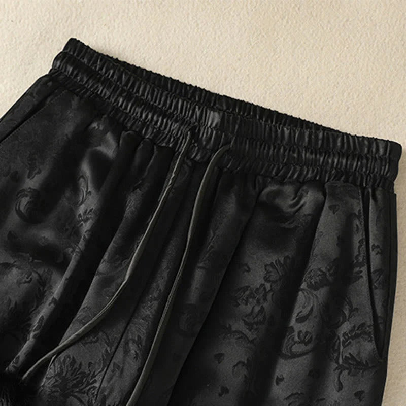 Buddha Stones Jacquard High Waist Design Women's Wide Leg Thermal Thickened Pants With Pockets