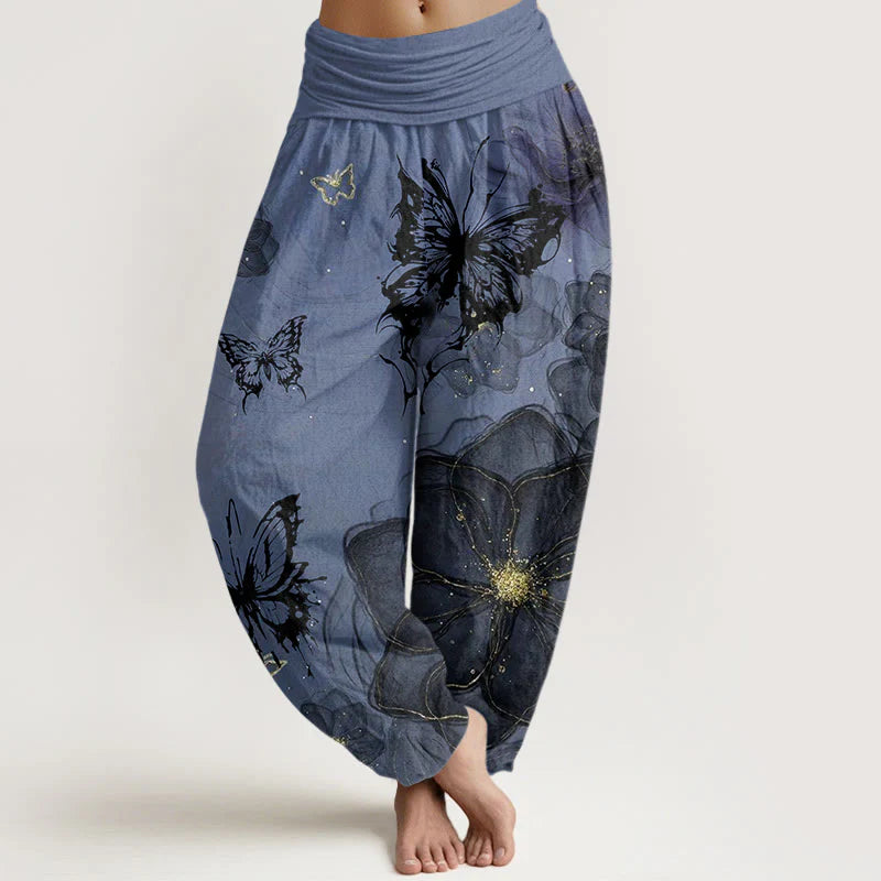 Buddha Stones Cotton Butterfly Flowers Pattern Women's Elastic Waist Harem Pants