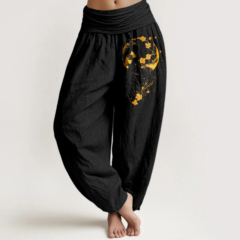 Buddha Stones Pure Cotton Brightly Colored Moon Flower Vine Pattern Women's Elastic Waist Harem Pants