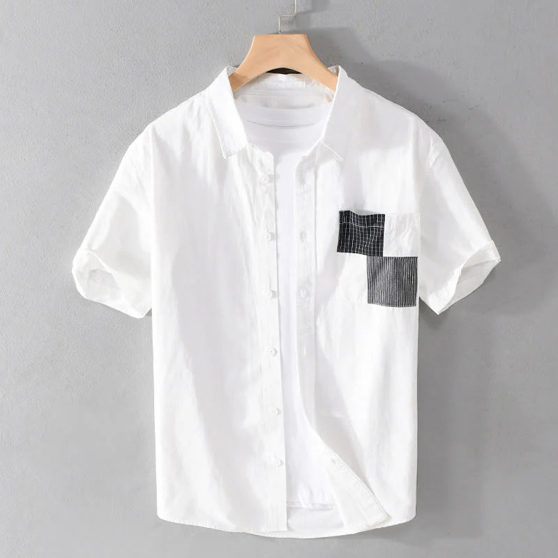 Buddha Stones Summer Buttons Square Striped Color Blocking Decorative Pocket Men's Short Sleeve Cotton Shirt