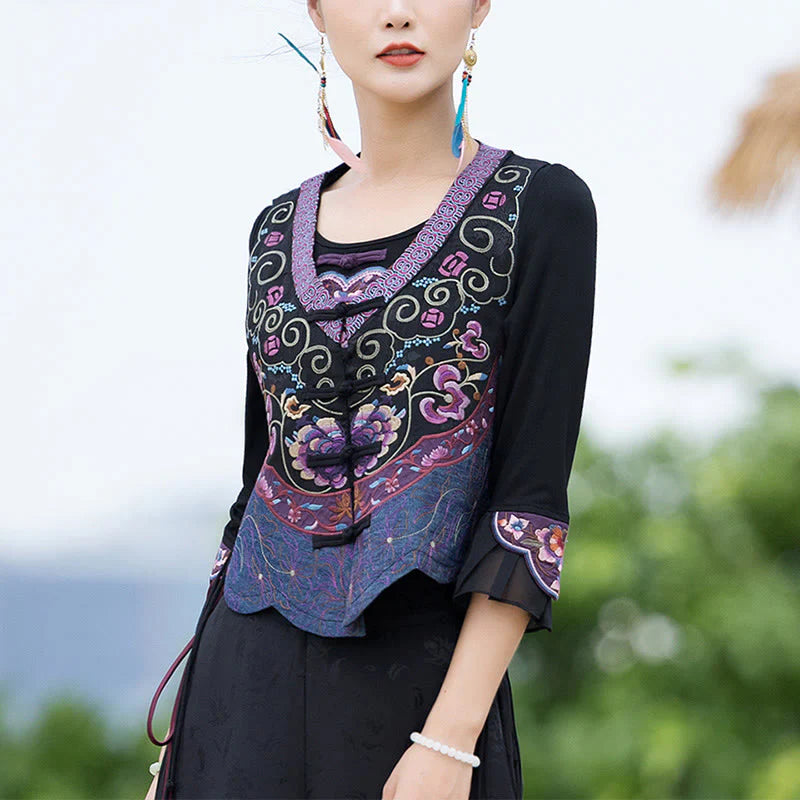 Buddha Stones Vintage Frog-Button Embroidery Purple Flower Tang Suit Design Sleeveless Vest (Extra 30% Off | USE CODE: FS30)
