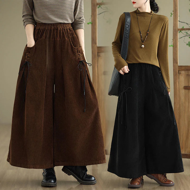 Buddha Stones Women's Pure Color Drawstring Design Wide Leg Corduroy Pants With Pockets