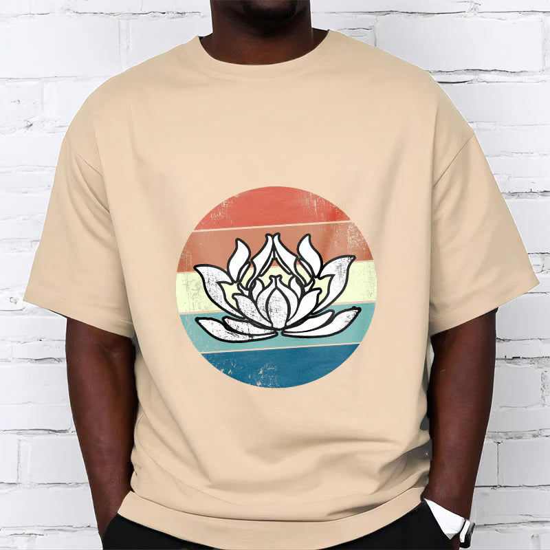 Buddha Stones Blooming Lotus Colorful Striped Pattern Cotton Tee T-shirt