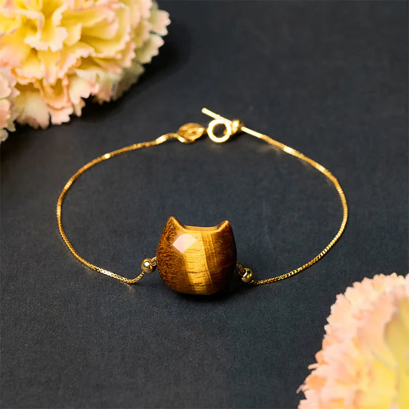 Buddha Stones 925 Sterling Silver Cat Tiger Eye Protection Bracelet