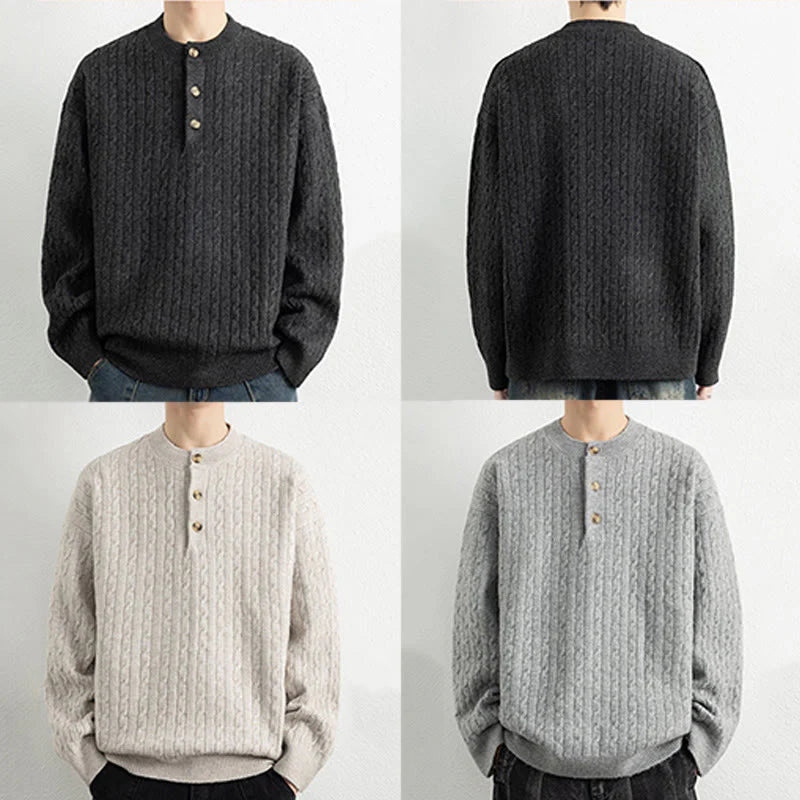 Buddha Stones Winter Crew Neck Three Buttons Twisted Design Warm Men's Long Sleeve Knitted Sweater