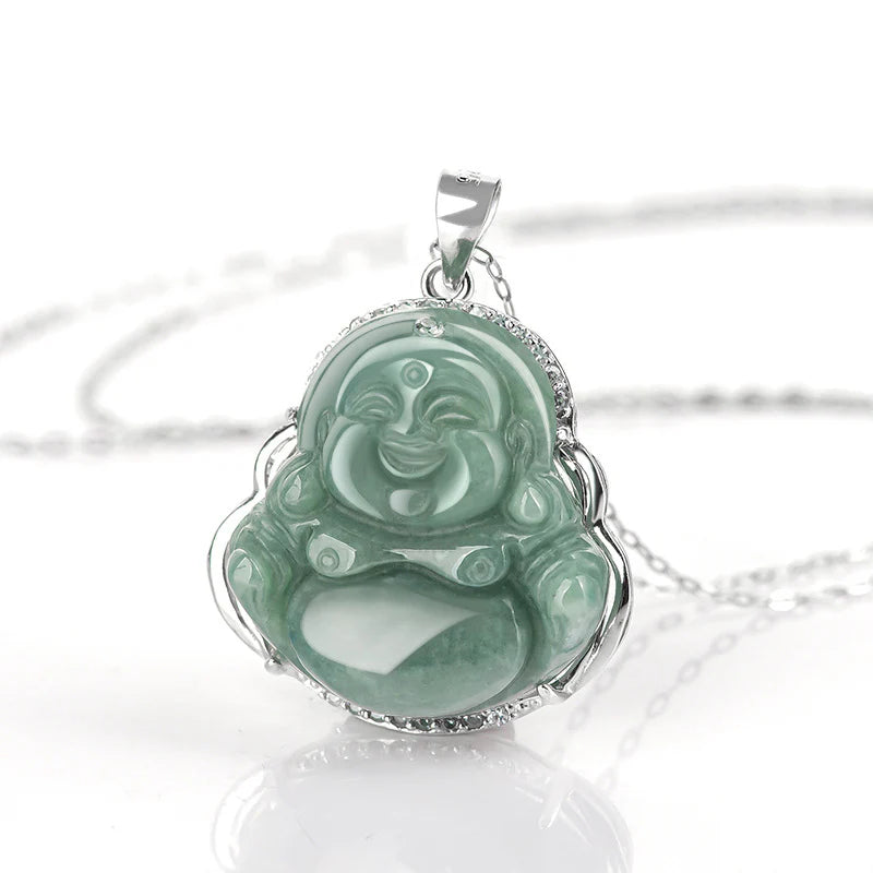 Buddha Stones Laughing Buddha Jade Abundance Necklace Titanium Steel Chain Pendant