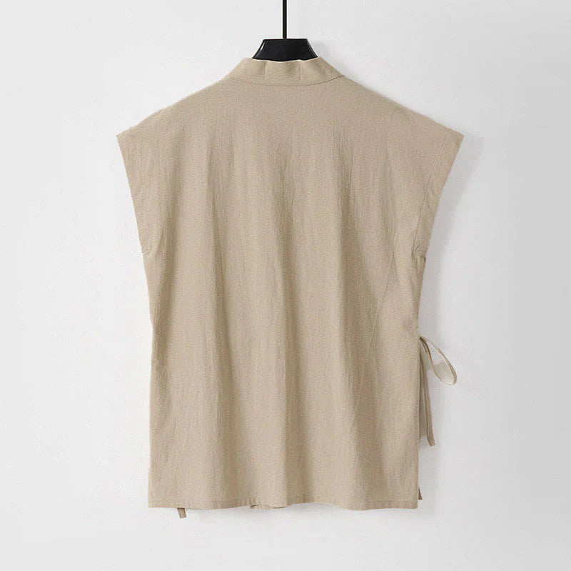 Buddha Stones Summer Solid Color V-Neck Sleeveless Men's Cotton Linen Vest