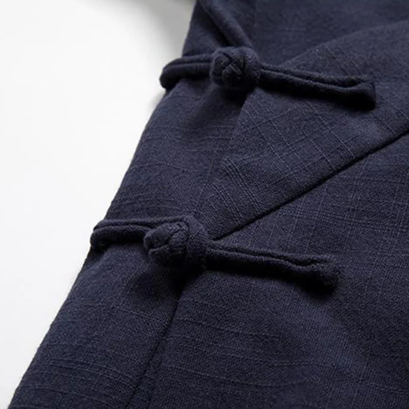 Buddha Stones Chinese Frog-Buttons Long Sleeve Design Open Front Jacket Men's Cotton Linen Kimono