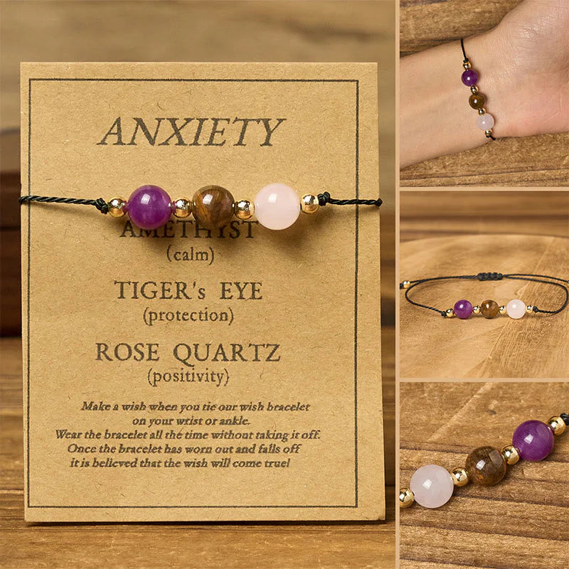 Buddha Stones Amethyst Tiger Eye Rose Quartz Protection Anti-Anxiety Card Rope Bracelet