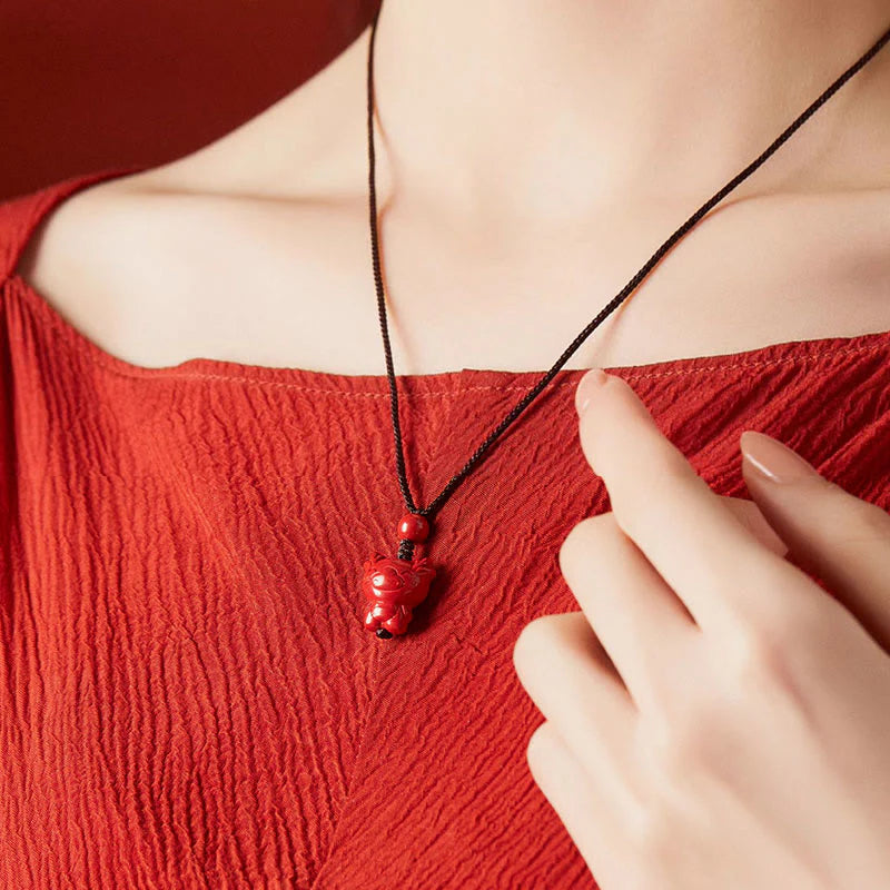 Buddha Stones Year Of The Horse Chinese Zodiac Engraved Design Cinnabar Blessing Rope Necklace Pendants