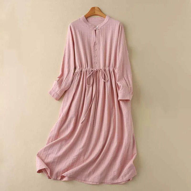 Buddha Stones Retro Solid Color Drawstring Frog-Button Design Long Sleeve Cotton Linen Midi Dress With Pockets