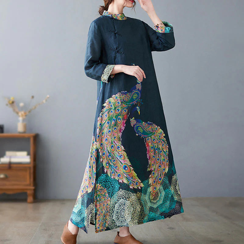 Buddha Stones Fall Colorful Peacocks Mandala Frog-Button Three Quarter Sleeve Cotton Women's Midi Dress