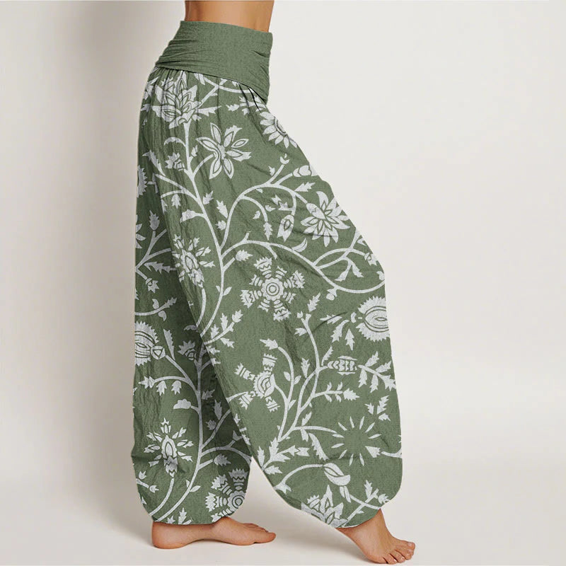 Buddha Stones Cotton Casual Floral Branches Flowing Vines Pattern Women's Elastic Waist Harem Pants