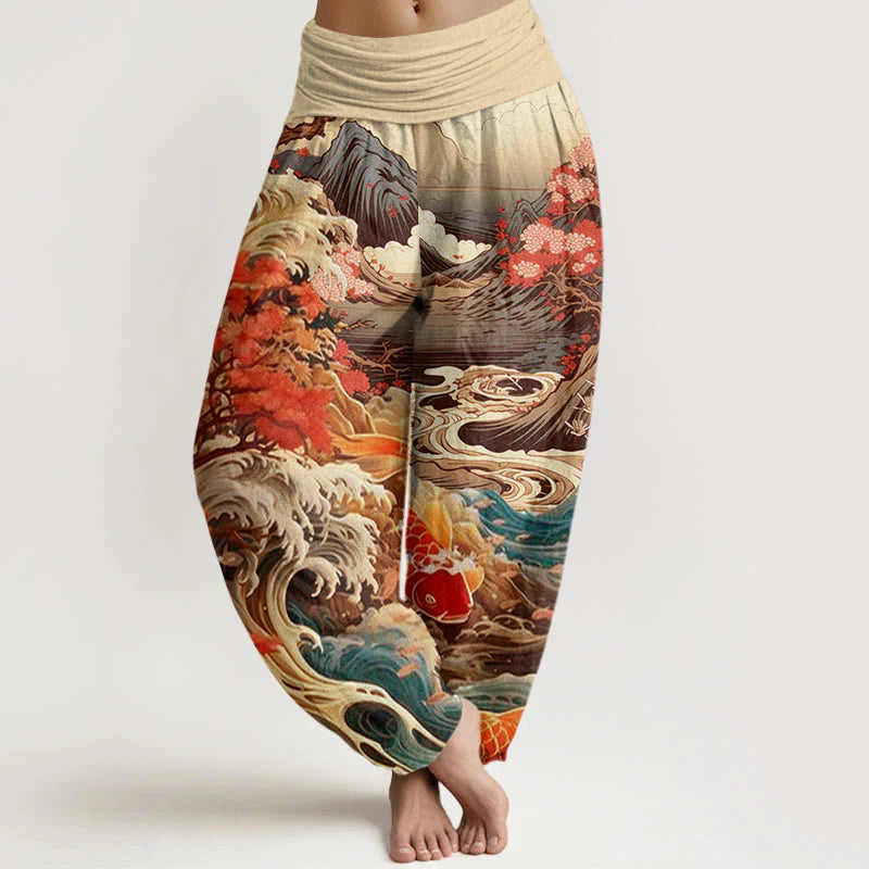 Buddha Stones Cotton Casual Blossoming Tree Koi Fish Wave Mountain Pattern Women's Elastic Waist Harem Pants