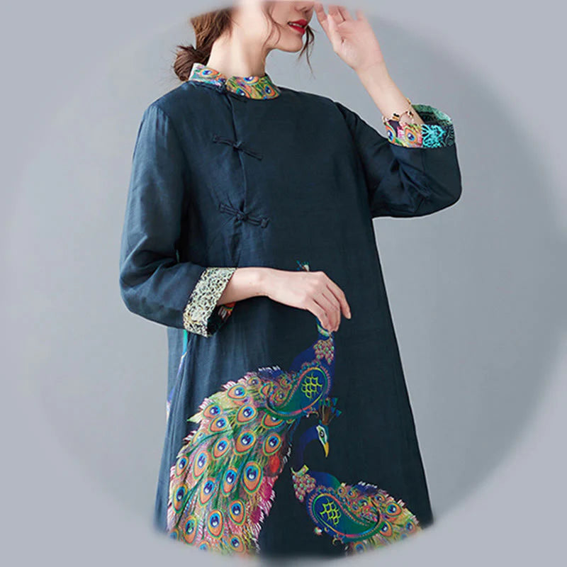 Buddha Stones Fall Colorful Peacocks Mandala Frog-Button Three Quarter Sleeve Cotton Women's Midi Dress