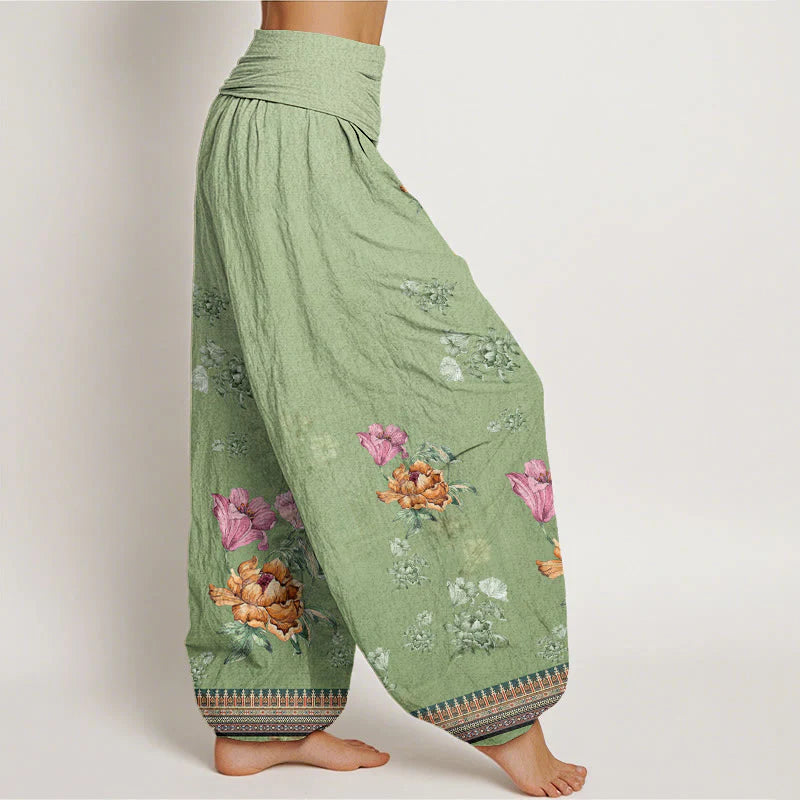 Buddha Stones Cotton Casual Plant Peony Petals Pattern Women's Elastic Waist Harem Pants
