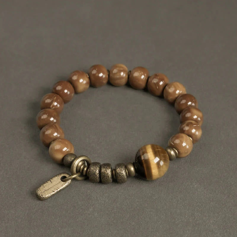 Buddha Stones Kuka Seed Tiger Eye Gold Sheen Obsidian Brass Copper Wealth Luck Bracelet