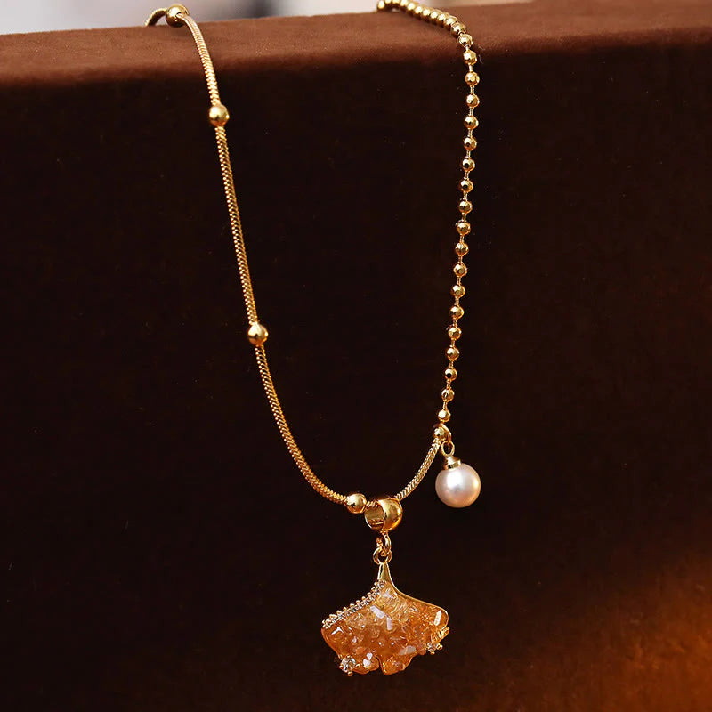 Buddha Stones Champagne Citrine Copper Pearl Properity Protection Necklace Pendant