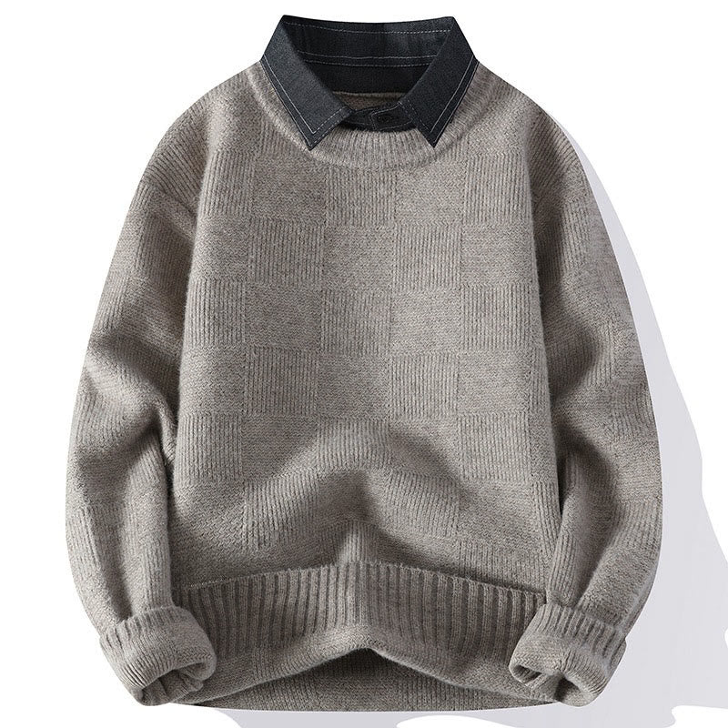 Buddha Stones Winter Black Stand Collar Plaid Pattern Warm Men's Long Sleeve Knitted Sweater