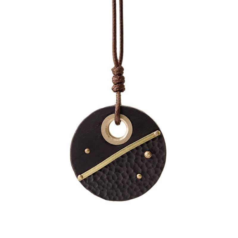 Buddha Stones Handcrafted Round Ebony Wood Brass Copper Peace Necklace Pendant