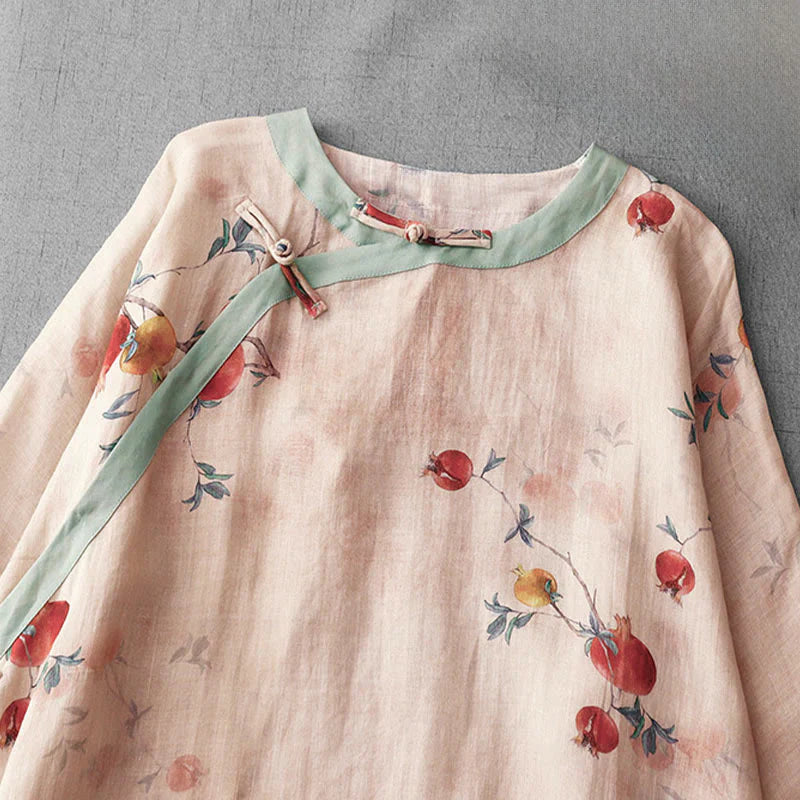 Buddha Stones Frog-Button Orchid Pomegranate Flowers Pattern Side Slit Design Half Sleeve Midi Dress
