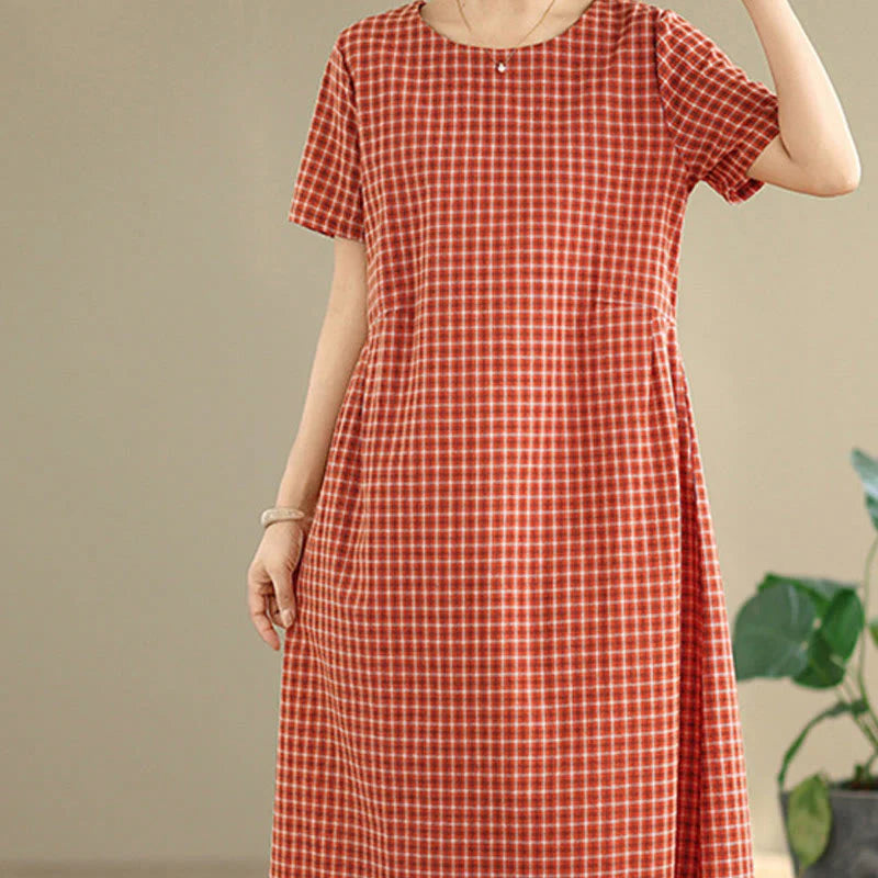 Buddha Stones Retro Solid Color Plaid Pattern Crew Neck Short Sleeve Cotton Linen Midi Dress With Pockets