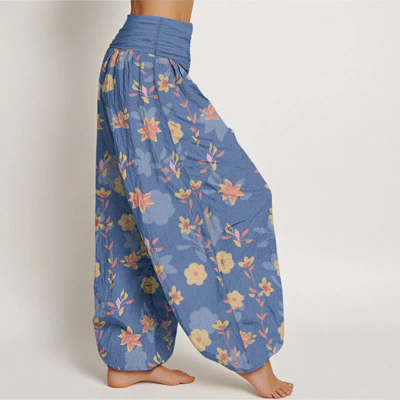 Buddha Stones Cotton Simple Refreshing Flower Leaf Pattern Women's Elastic Waist Harem Pants