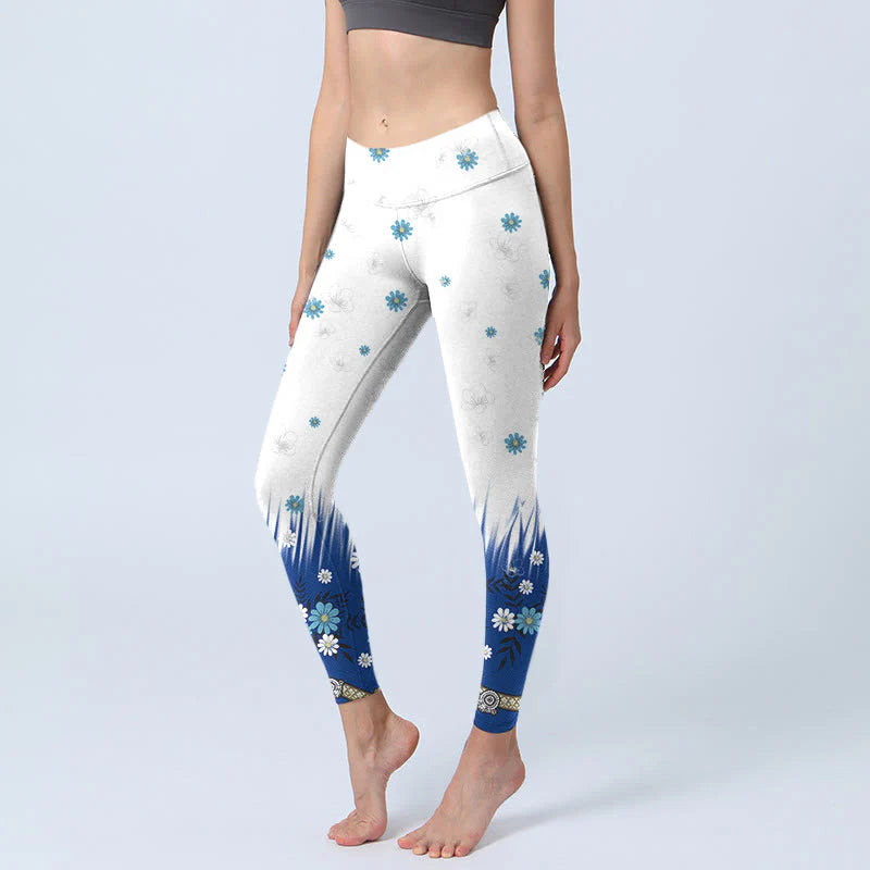 Buddha Stones White Flowers Grass Leaves Pattern Print Gym Leggings Women's Yoga Pants