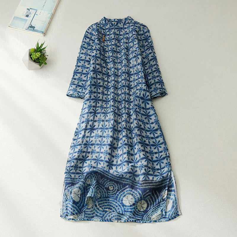 Buddha Stones Summer Blue Floral Stripes Circular Shape Stand Collar Design Short Sleeve Midi Dress With Pockets